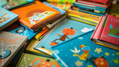 A vibrant collection of small picture books for toddlers spread out on a table. Perfect for early childhood education and encouraging a love for reading.