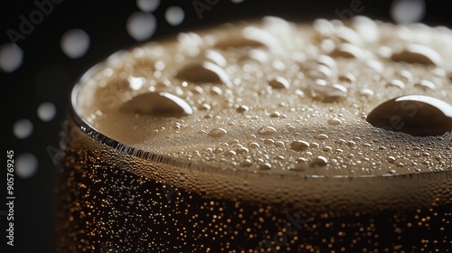 A glass filled with dark soda showcases a thick layer of foam bubbles, set against a stark black backdrop.