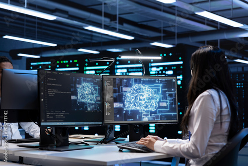 Technician using computer to do checkup in server room providing vast computing resources and storage, enabling artificial intelligence to process massive datasets for training and inference