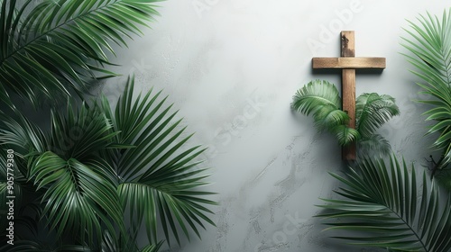 Palm Sunday Cross and Palm on Grey Background