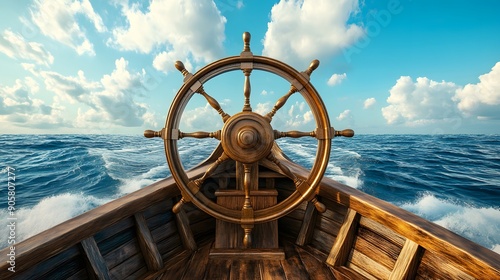 ship wheel on boat with sea and sky. freedom and adventure. direction concept.