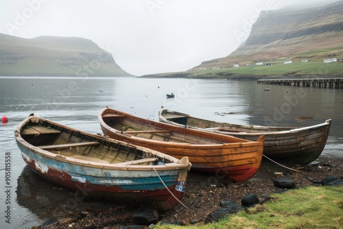 Fishing Boats Resting in Misty Harbor Village