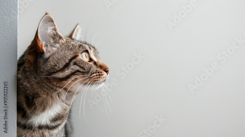 Close-up of tabby cat staring attentively to right