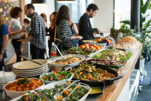 A vibrant buffet spread with various dishes, showcasing colorful ingredients and happy people enjoying their meal.