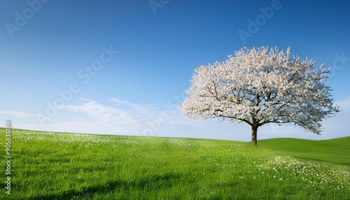 flowering sakura tree cherry blossom single tree on the horizon with white flowers in the spring fresh green meadow with blue sky