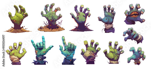 Cartoon zombie hands gestures set. Vector halloween scary dead monster rotten green and blue arms. Spooky undead hand rising from cemetery ground, isolated on white background