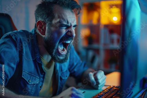 Frustrated gamer screaming in anger yelling at computer screen after losing