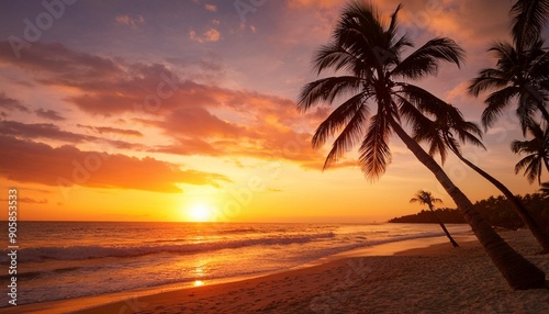 vibrant sunset palms swaying silhouettes on a tropical island beach