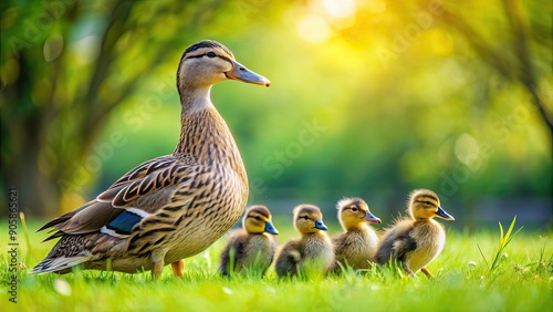 Mamma duck watching over her ducklings in a peaceful green meadow, ducklings, family, nature, wildlife, animals, grass