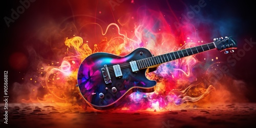 Electric guitar with vibrant flames and colorful background