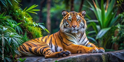 Malayan tiger laying in the forest, showcasing its beautiful orange fur and black stripes, endangered, wildlife