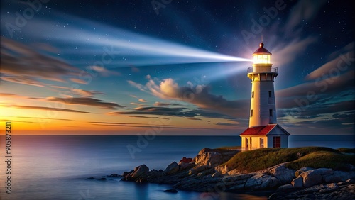 Seaside lighthouse casting a beam of light into the night sky, seaside, lighthouse, night, beam, light, ocean