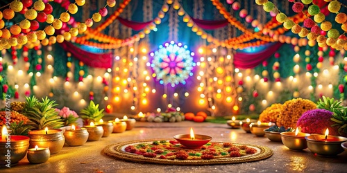 Roop Chaudas festival celebration with colorful decorations and lights, Roop Chaudas, Hindu festival, celebration