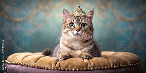 Princess cat wearing a sparkly crown and sitting on a velvet cushion, royalty, feline, elegant, regal, posh, luxurious