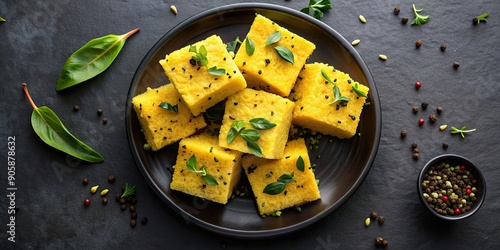 Top view of a delectable Gujarati Khaman Dhokla on a dark background, Gujarati, Khaman Dhokla, savory