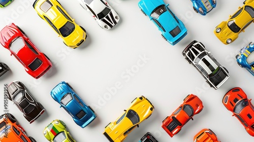 Colorful toy cars on white background.