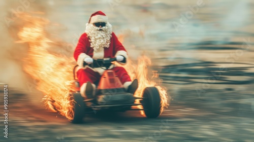 Santa Claus speeds through a track in a fiery go kart, embracing the holiday spirit with thrilling excitement