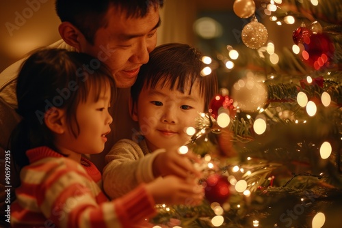 Asian dad and children decorating the Christmas tree together, stringing lights and ornaments