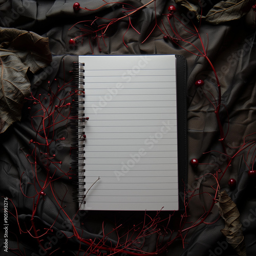 Dark eerie notebook empty line pages flatlay POD horror aesthetic journal mockup gothic theme red black elements spooky design creepy style empty pages dramatic lighting sinister stationery concept