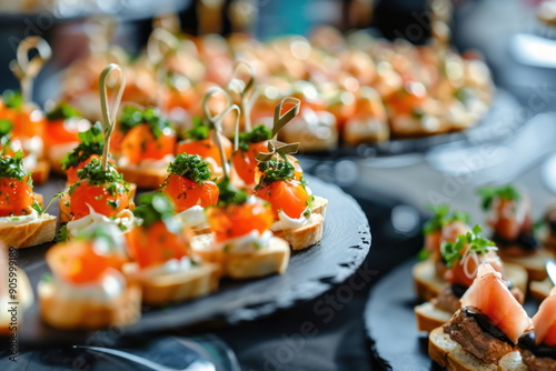 Buffet food catering food party at restaurant mini canapes snacks and appetizers