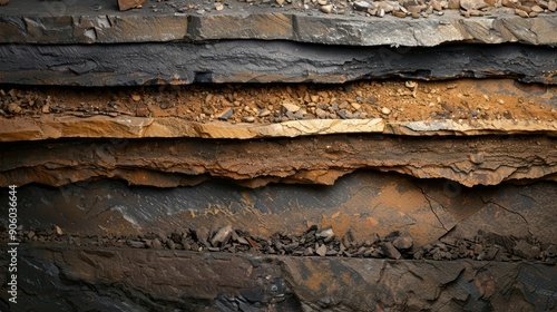 Close-up of layered rock formation with different colors and textures.