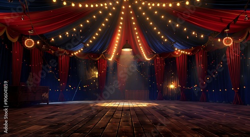 Vintage Circus Tent Awaits the Show with Empty Stage and Spotlights