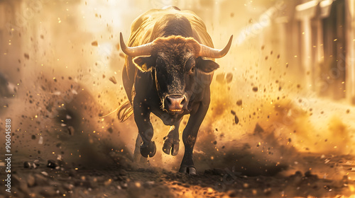 Powerful and dynamic photograph capturing a bull charging aggressively forward through a city street with dust and debris swirling around in an intense