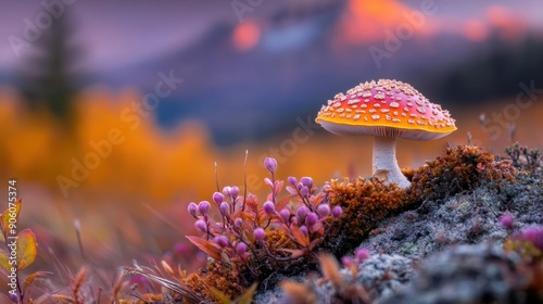 Mushroom meadow, springtime bloom, colorful landscape