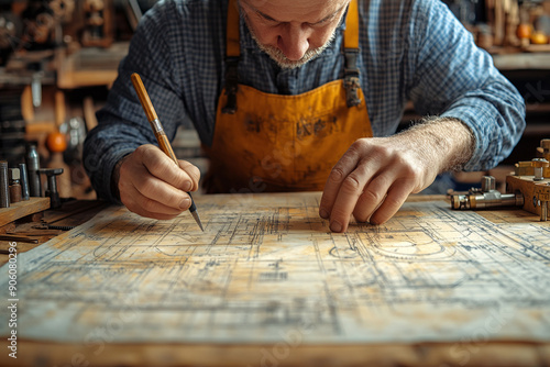 Photograph of an Engineer Preparing Blueprints: Arranging technical drawings and tools.