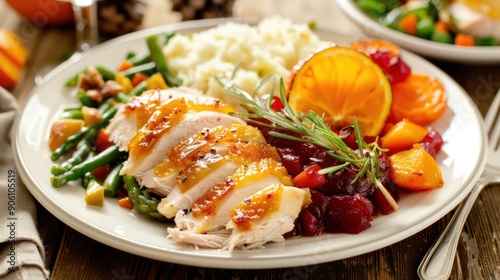 Elegant Thanksgiving dinner plate filled with a colorful array of food