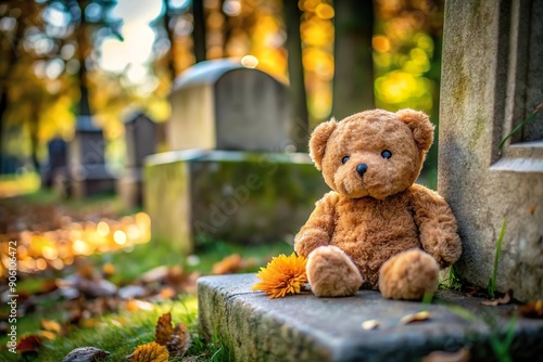 teddy bear and funeral flower on gravestone for deceased children