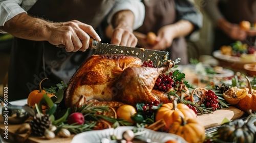 Festive Thanksgiving turkey carving ceremony with family members