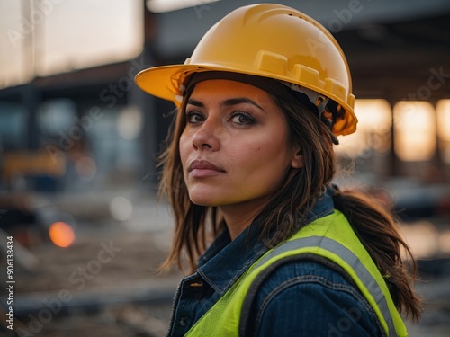 Female construction worker in helmet at construction site.