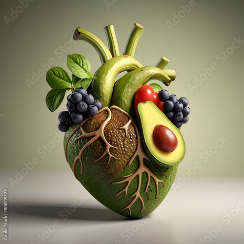 A striking 3D illustration of a human heart made from healthy ingredients, including avocado, blueberries, and leaves.