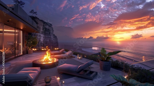 A contemporary terrace lounge with a chic fire pit, comfortable loungers, and a breathtaking view of a coastal cliff at sunset, with the sky ablaze in vibrant hues of orange and purple.