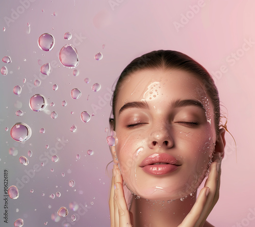 Elegant Model with Luminous Glowing Skin on Simple Background Surrounded by Nitric Oxide Boosters for Skincare and Wellness