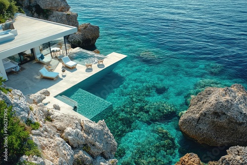 Modern luxury villa overlooking turquoise sea with infinity pool