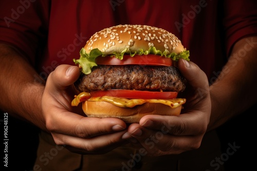 Close-up of hands holding a juicy cheeseburger with toppings on a dark background