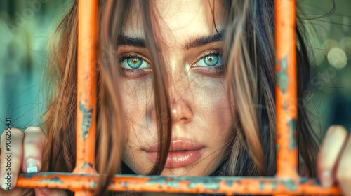 A young woman with long hair and bright eyes gazes intensely through orange prison bars, conveying a mix of emotion and resilience from her confined space