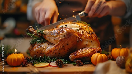 A hand carving a roasted turkey for Thanksgiving dinner.