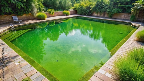 Green pool water with algae floating around, pool, water, algae, green, dirty, contaminated, swimming, unpleasant