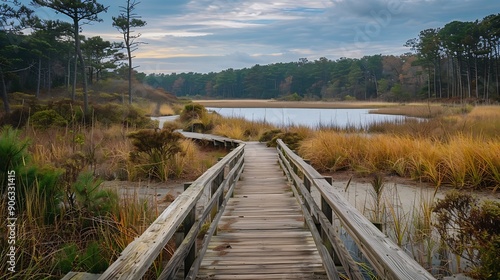 The Gordons Pond Trail wanders through nature at Cape Henlopen State Park on the Eastern Shore This 32mile accessible trail offers stunning views : Generative AI