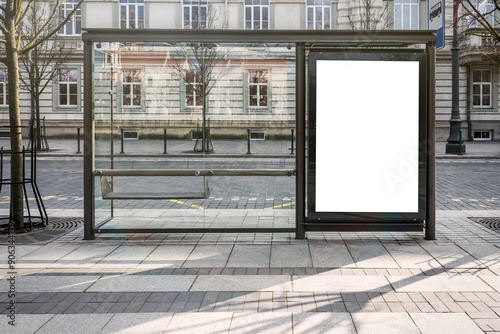 Blank White Mockup Of Bus Stop Vertical Poster Billboard In Front Of Empty Street Background