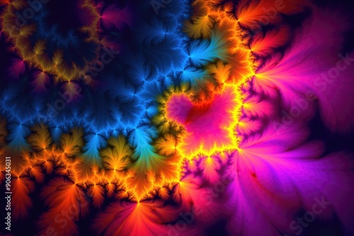 Psychedelic Mandelbrot Set pattern with a complex fractal design in vibrant hues