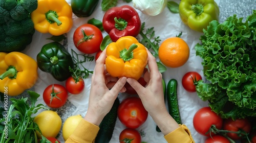 World food day vegetarian day Vegan day concept Top view of woman hand covering fresh vegetables fruit on white paper background : Generative AI