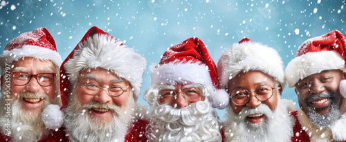 Four diverse Male Santa Clauses Smiling Together in Snowy Background. Concept of Holiday Cheer, Christmas Celebration, Festive Gathering, Winter Joy. Banner