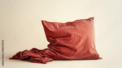 A single rust-red pillow on a beige background conveys comfort and simplicity, with fabric folds highlighting its texture.