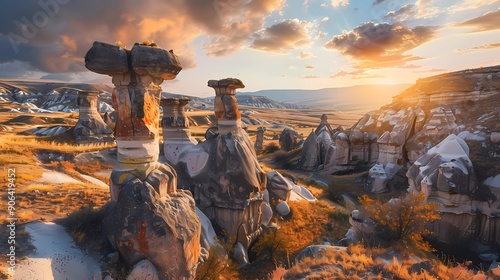 Magic fungous forms of sandstone in the canyon near Cavusin village, Cappadocia, Nevsehir Province in the Central Anatolia Region of Turkey, Asia