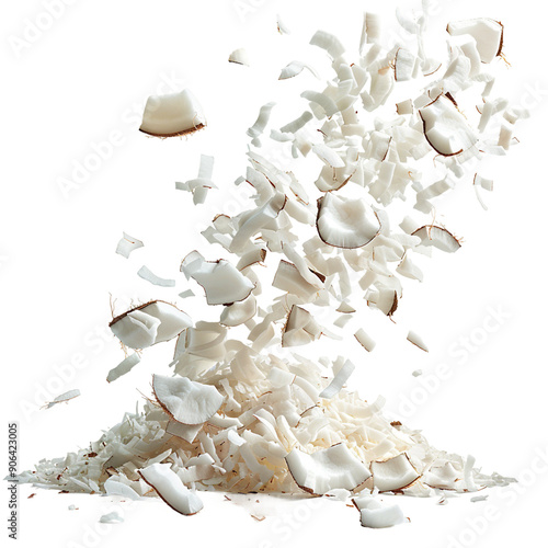 falling Dry coconut flakes isolated on transparent background 