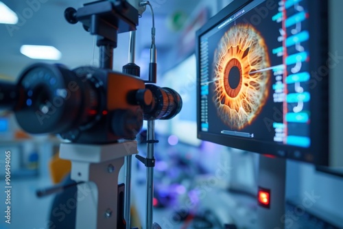 Close-up of an eye examination machine with a computer screen displaying a detailed image of a patients eye